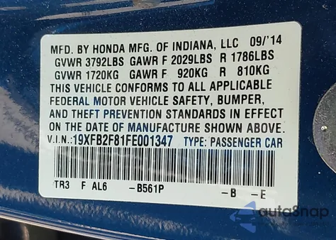 2015 Honda Civic Ex from USA, damaged, VIN 19XFB2F81FE001347